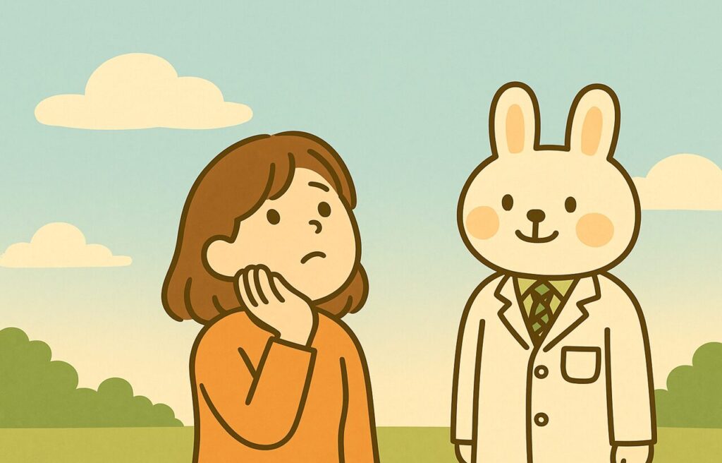 空をぼんやりと見上げる、やさしい雰囲気の若い女性。少し疲れた様子ながらも穏やかな表情で空を眺めている姿。心の余白や癒しを感じさせるイラスト。